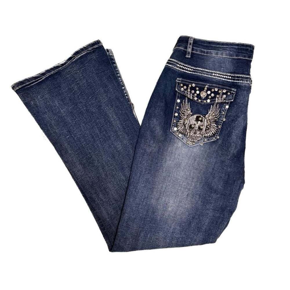 Y2K Sky Studded Skull Embroidered Bootcut Jeans Biker Moto Glam Size 17